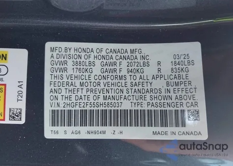 2025 Honda Civic Sport from USA, damaged, VIN 2HGFE2F55SH585037